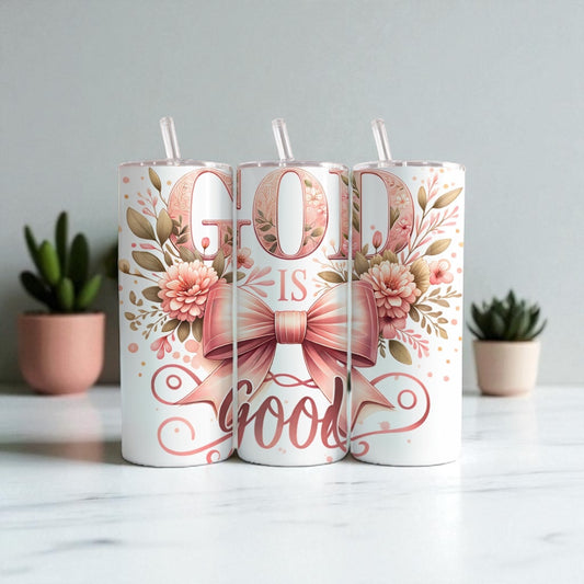 Tumbler Cristiano “God is Good” con Diseño Floral y Lazo – 20oz Acero Inoxidable